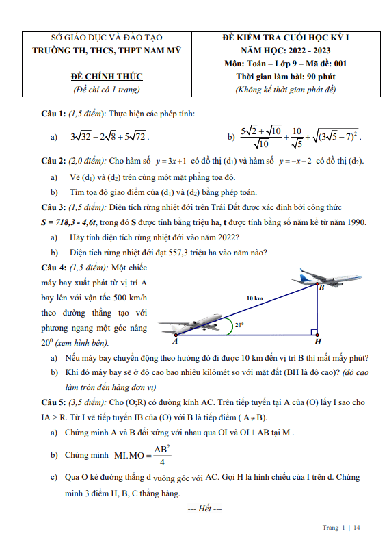 Đề cuối học kỳ 1 Toán 9 năm 2022 – 2023 trường Nam Mỹ – TP HCM