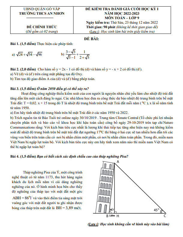 Đề cuối học kỳ 1 Toán 9 năm 2022 – 2023 trường THCS An Nhơn – TP HCM