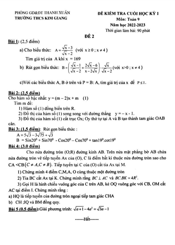 Đề cuối học kỳ 1 Toán 9 năm 2022 – 2023 trường THCS Kim Giang – Hà Nội