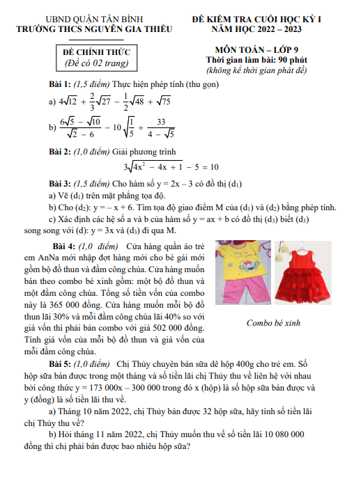 Đề cuối học kỳ 1 Toán 9 năm 2022 – 2023 trường THCS Nguyễn Gia Thiều – TP HCM