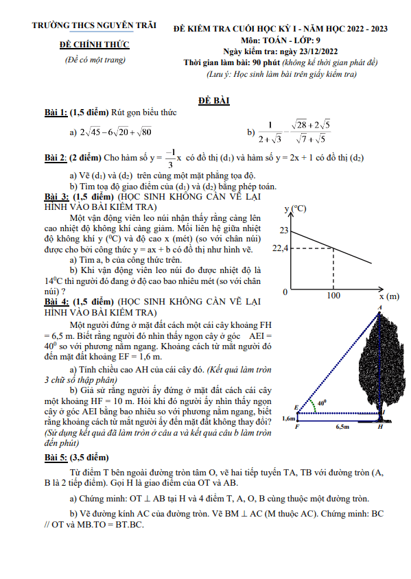 Đề cuối học kỳ 1 Toán 9 năm 2022 – 2023 trường THCS Nguyễn Trãi – TP HCM