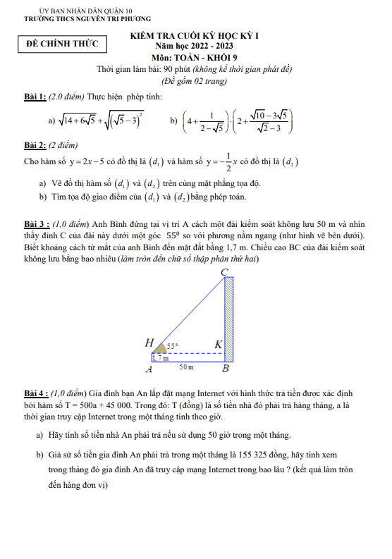 Đề cuối học kỳ 1 Toán 9 năm 2022 – 2023 trường THCS Nguyễn Tri Phương – TP HCM