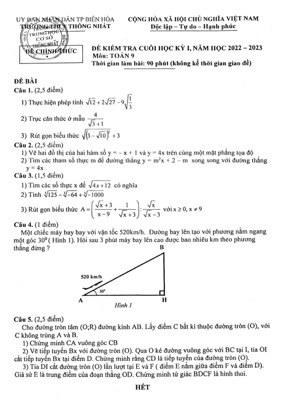 Đề cuối học kỳ 1 Toán 9 năm 2022 – 2023 trường THCS Thống Nhất – Đồng Nai