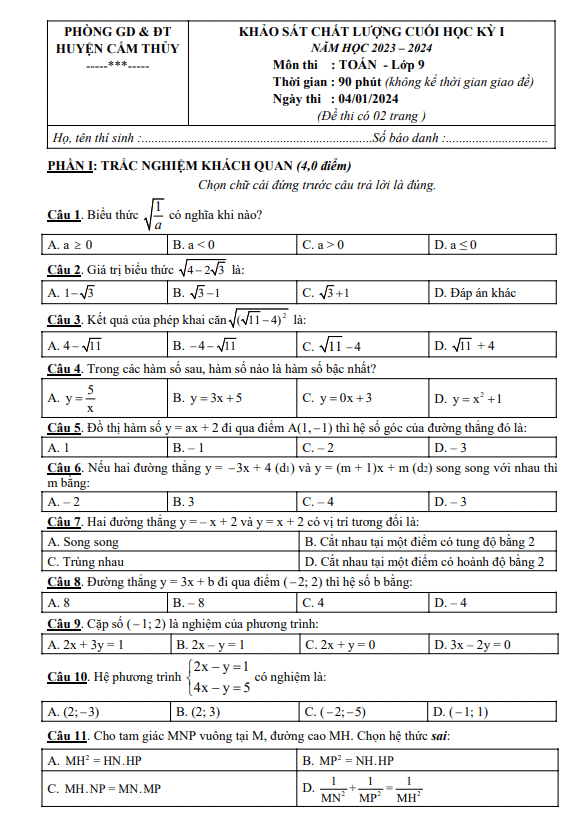 Đề cuối học kỳ 1 Toán 9 năm 2023 – 2024 phòng GD&ĐT Cẩm Thủy – Thanh Hóa