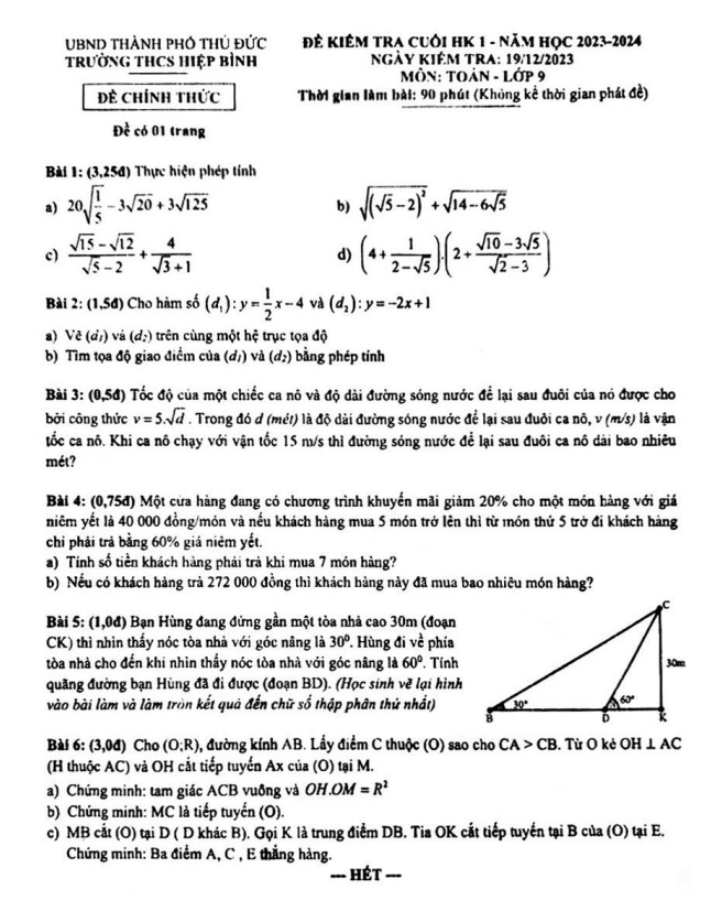 Đề cuối học kỳ 1 Toán 9 năm 2023 – 2024 trường THCS Hiệp Bình – TP HCM