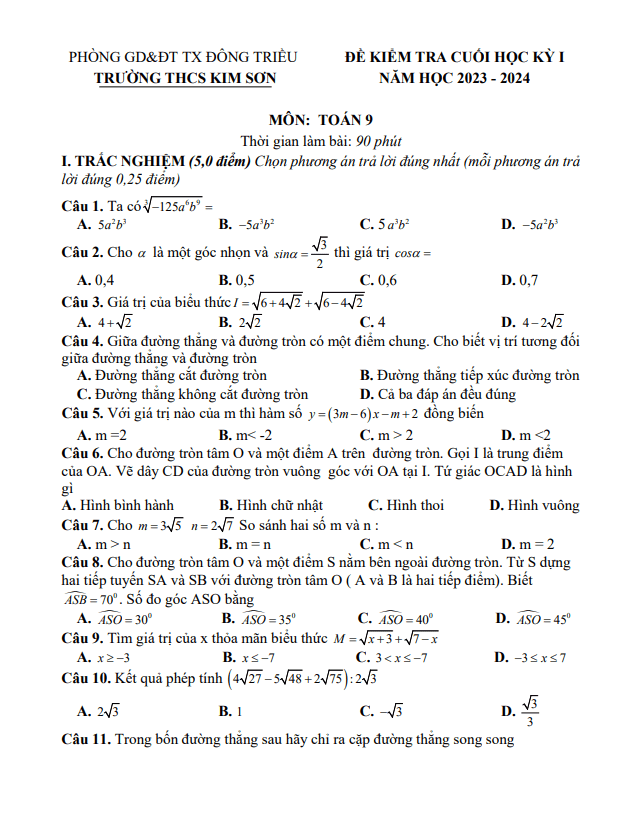 Đề cuối học kỳ 1 Toán 9 năm 2023 – 2024 trường THCS Kim Sơn – Quảng Ninh