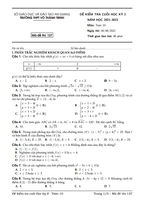 Đề cuối học kỳ 2 Toán 10 năm 2021 – 2022 trường THPT Võ Thành Trinh – An Giang