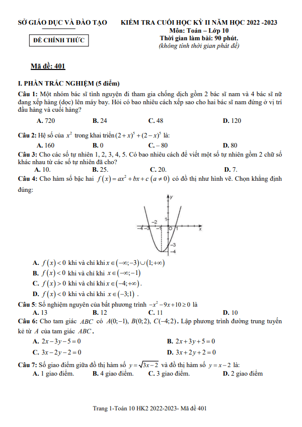 Đề cuối học kỳ 2 Toán 10 năm 2022 – 2023 sở GD&ĐT Bình Dương