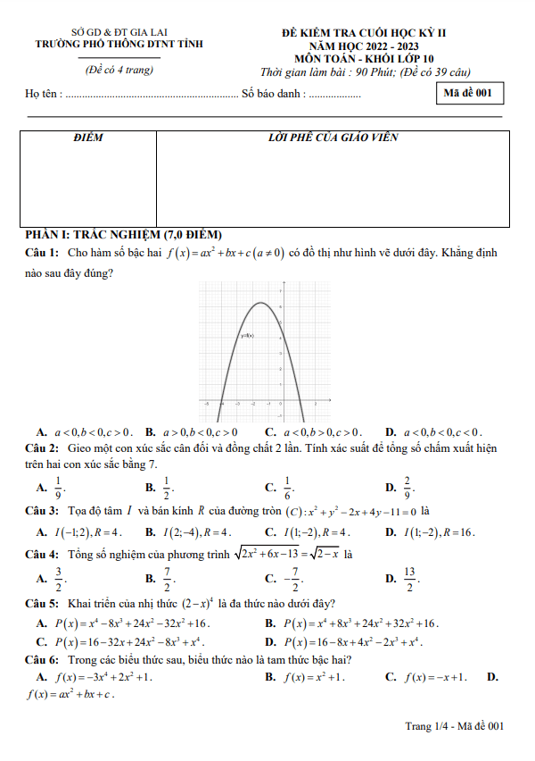 Đề cuối học kỳ 2 Toán 10 năm 2022 – 2023 trường Phổ thông DTNT tỉnh Gia Lai