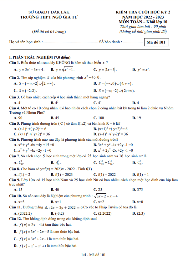 Đề cuối học kỳ 2 Toán 10 năm 2022 – 2023 trường THPT Ngô Gia Tự – Đắk Lắk