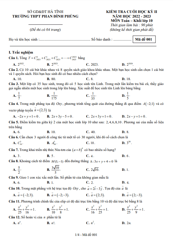 Đề cuối học kỳ 2 Toán 10 năm 2022 – 2023 trường THPT Phan Đình Phùng – Hà Tĩnh