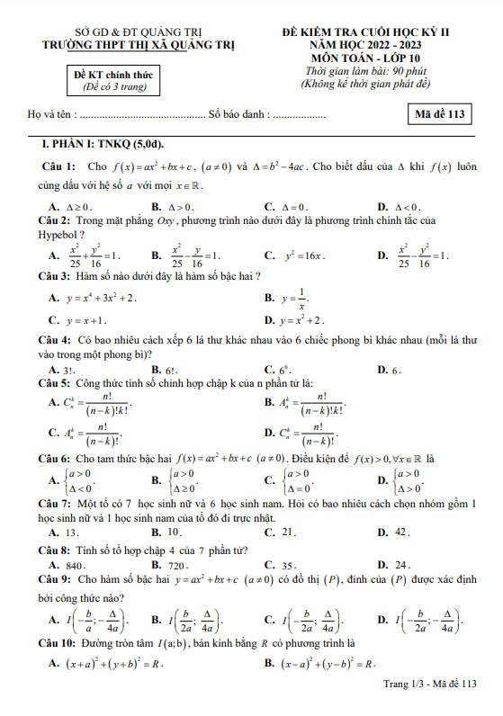 Đề cuối học kỳ 2 Toán 10 năm 2022 – 2023 trường THPT Thị xã Quảng Trị