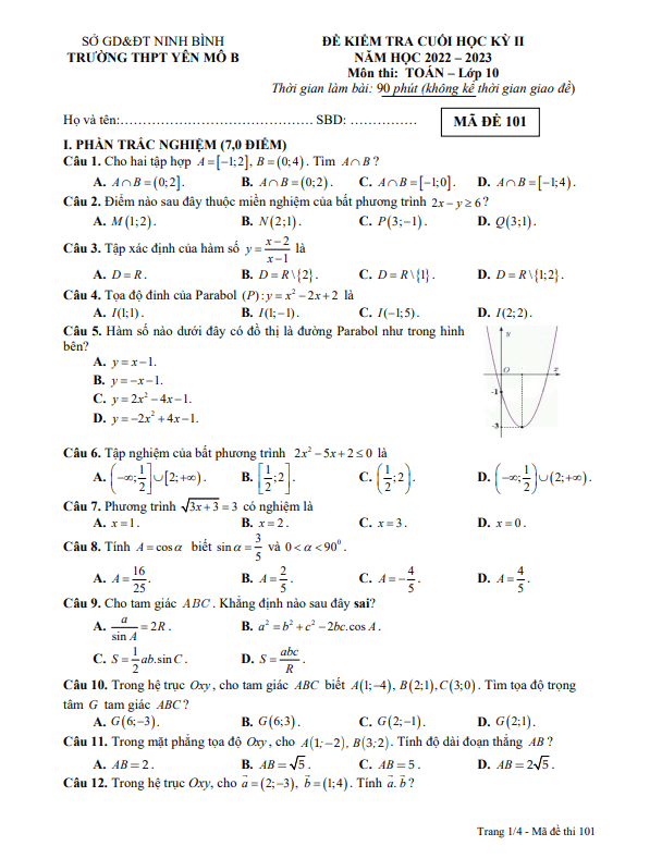 Đề cuối học kỳ 2 Toán 10 năm 2022 – 2023 trường THPT Yên Mô B – Ninh Bình