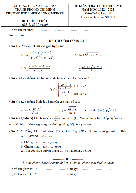 Đề cuối học kỳ 2 Toán 11 năm 2022 – 2023 trường PTDL Hermann Gmeiner – TP HCM