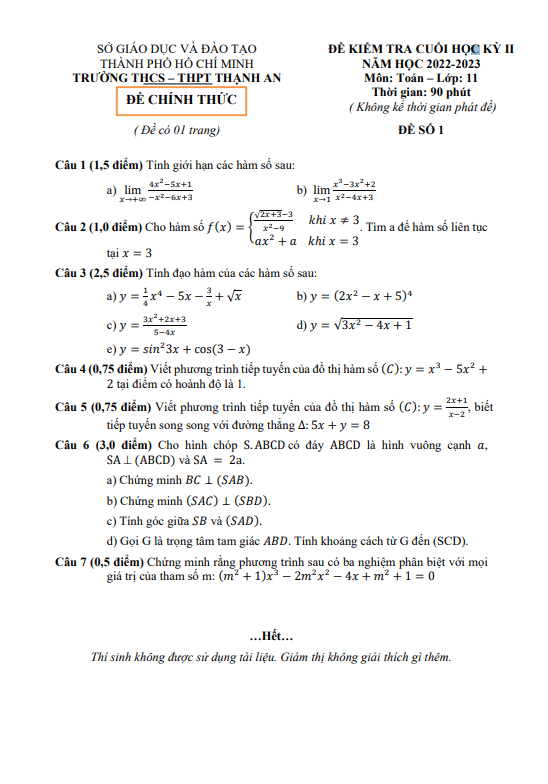 Đề cuối học kỳ 2 Toán 11 năm 2022 – 2023 trường THCS & THPT Thạnh An – TP HCM