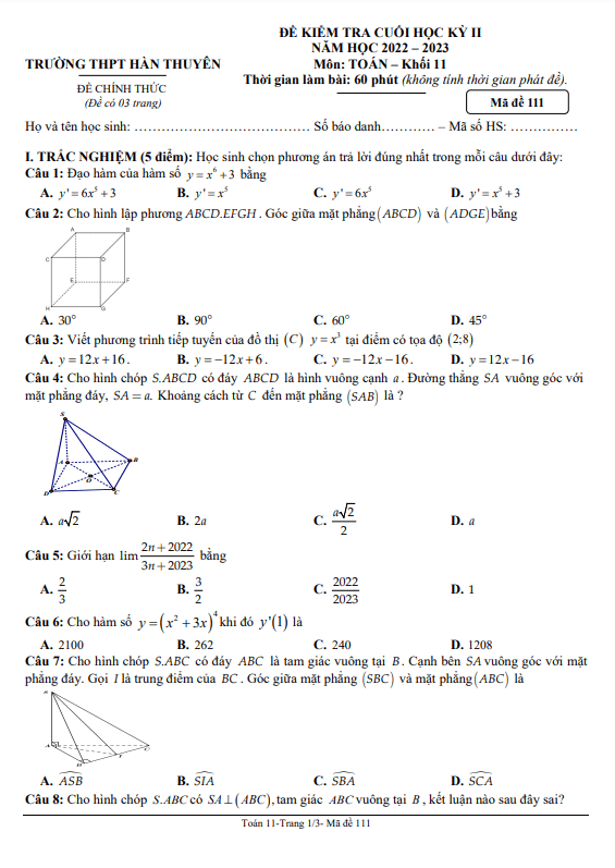 Đề cuối học kỳ 2 Toán 11 năm 2022 – 2023 trường THPT Hàn Thuyên – TP HCM