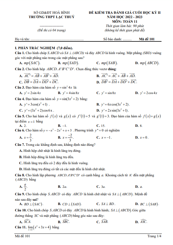 Đề cuối học kỳ 2 Toán 11 năm 2022 – 2023 trường THPT Lạc Thủy – Hòa Bình