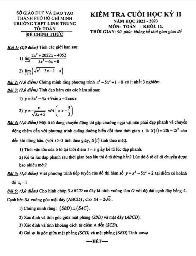 Đề cuối học kỳ 2 Toán 11 năm 2022 – 2023 trường THPT Linh Trung – TP HCM