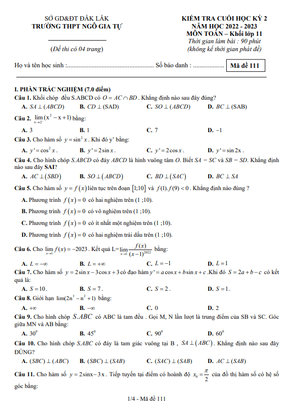 Đề cuối học kỳ 2 Toán 11 năm 2022 – 2023 trường THPT Ngô Gia Tự – Đắk Lắk