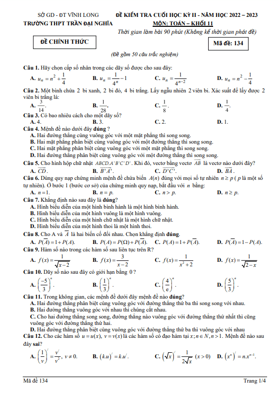 Đề cuối học kỳ 2 Toán 11 năm 2022 – 2023 trường THPT Trần Đại Nghĩa – Vĩnh Long