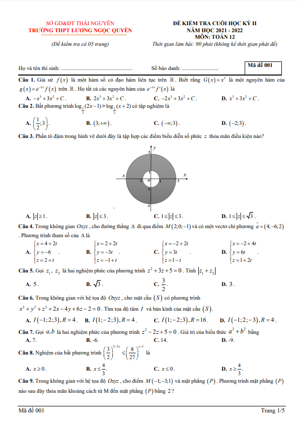 Đề cuối học kỳ 2 Toán 12 năm 2021 – 2022 trường Lương Ngọc Quyến – Thái Nguyên