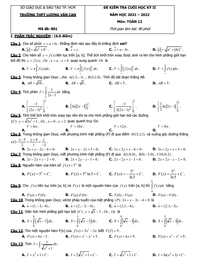 Đề cuối học kỳ 2 Toán 12 năm 2021 – 2022 trường THPT Lương Văn Can – TP HCM