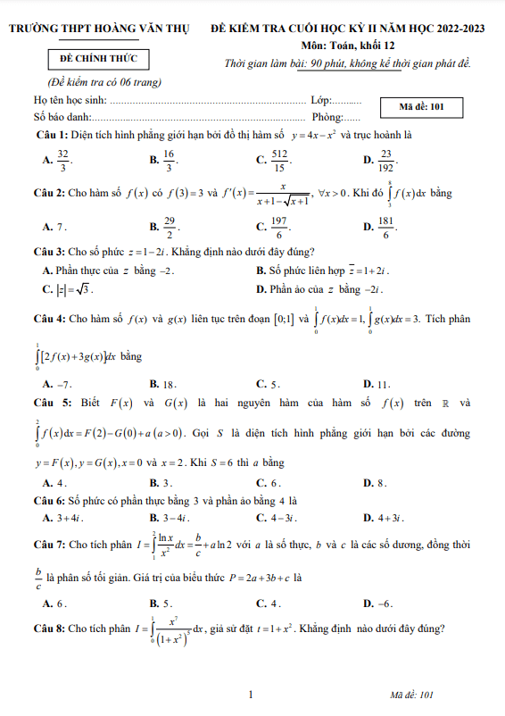 Đề cuối học kỳ 2 Toán 12 năm 2022 – 2023 trường THPT Hoàng Văn Thụ – Khánh Hòa