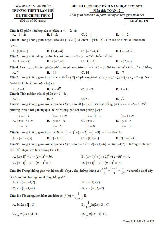 Đề cuối học kỳ 2 Toán 12 năm 2022 – 2023 trường THPT Trần Phú – Vĩnh Phúc