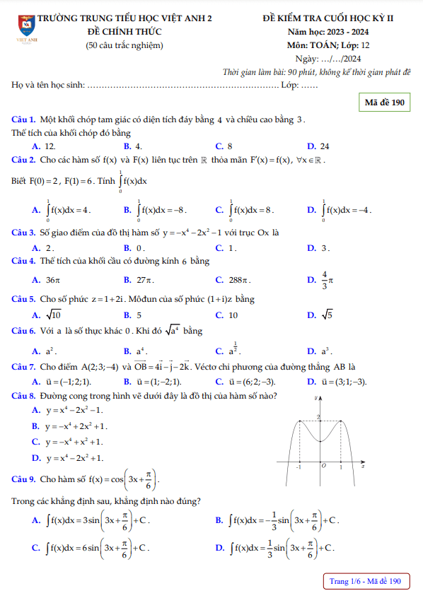 Đề cuối học kỳ 2 Toán 12 năm 2023 – 2024 trường Việt Anh 2 – Bình Dương