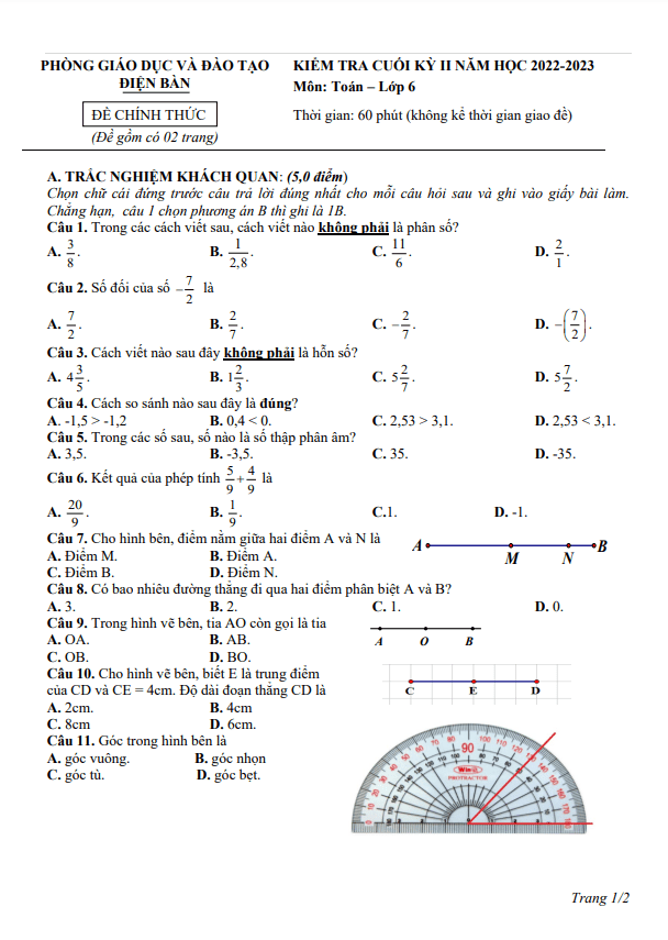 Đề cuối học kỳ 2 Toán 6 năm 2022 – 2023 phòng GD&ĐT Điện Bàn – Quảng Nam
