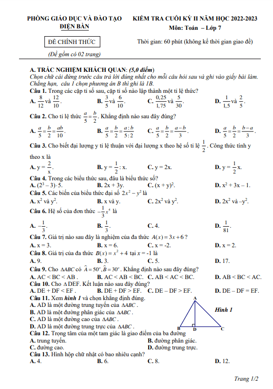 Đề cuối học kỳ 2 Toán 7 năm 2022 – 2023 phòng GD&ĐT Điện Bàn – Quảng Nam