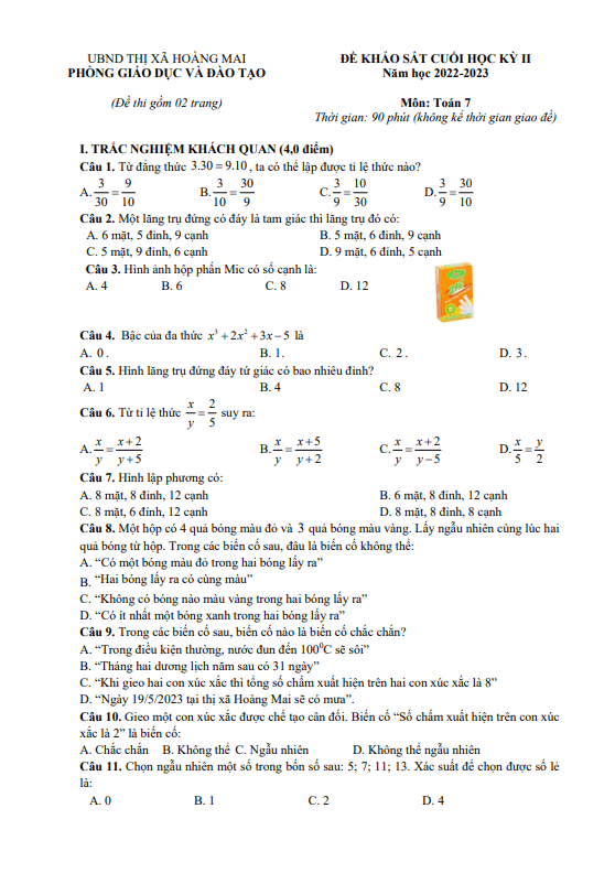 Đề cuối học kỳ 2 Toán 7 năm 2022 – 2023 phòng GD&ĐT Hoàng Mai – Nghệ An