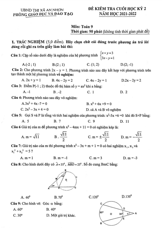 Đề cuối học kỳ 2 Toán 9 năm 2021 – 2022 phòng GD&ĐT An Nhơn – Bình Định