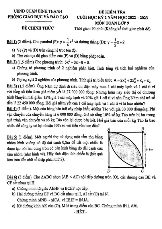 Đề cuối học kỳ 2 Toán 9 năm 2022 – 2023 phòng GD&ĐT Bình Thạnh – TP HCM