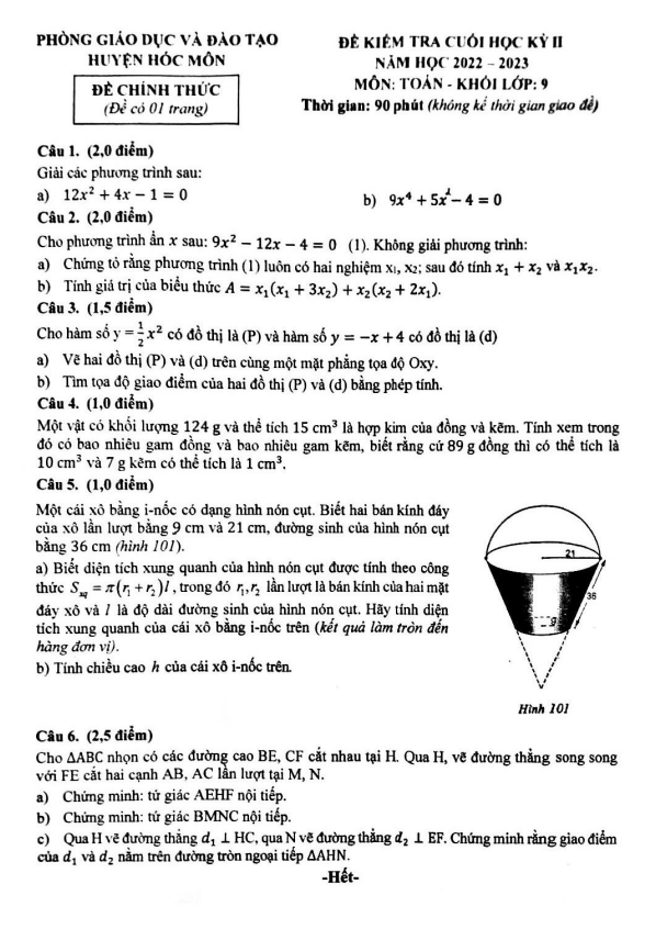 Đề cuối học kỳ 2 Toán 9 năm 2022 – 2023 phòng GD&ĐT Hóc Môn – TP HCM