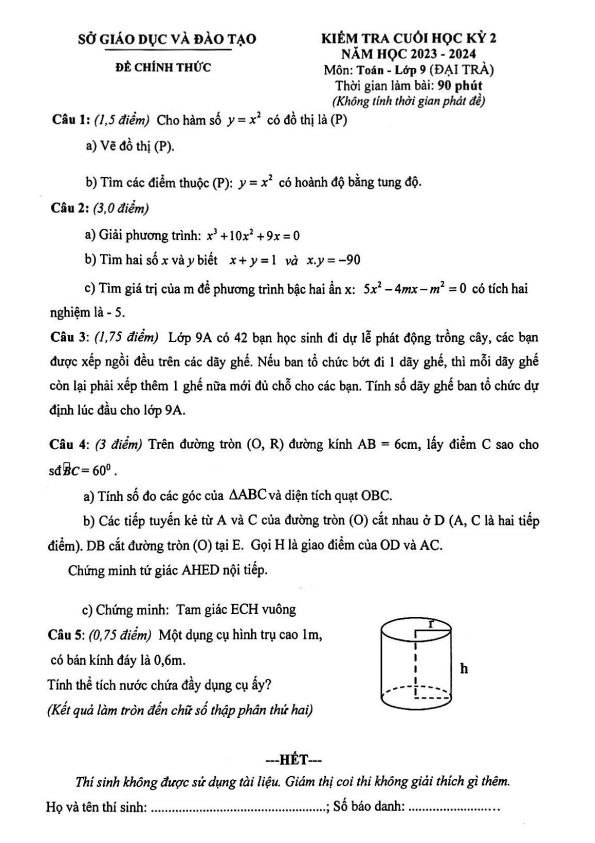 Đề cuối học kỳ 2 Toán 9 năm 2023 – 2024 sở GD&ĐT Bình Dương