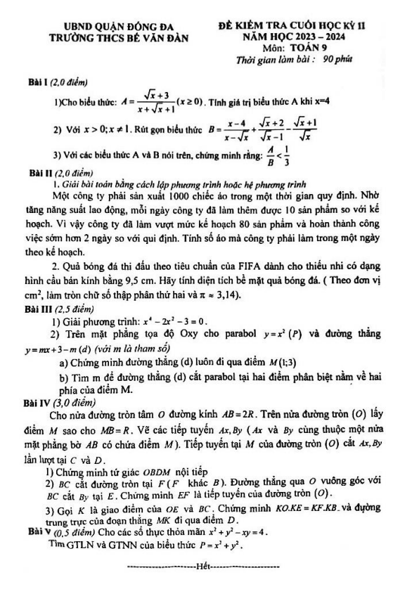 Đề cuối học kỳ 2 Toán 9 năm 2023 – 2024 trường THCS Bế Văn Đàn – Hà Nội