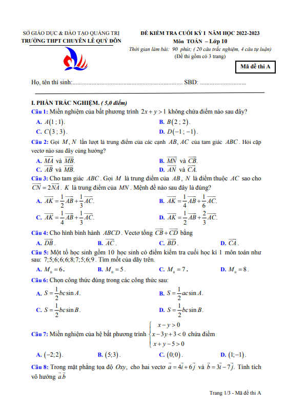 Đề cuối kì 1 Toán 10 năm 2022 – 2023 trường chuyên Lê Quý Đôn – Quảng Trị