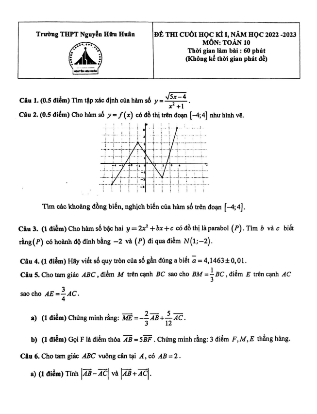 Đề cuối kì 1 Toán 10 năm 2022 – 2023 trường THPT Nguyễn Hữu Huân – TP HCM