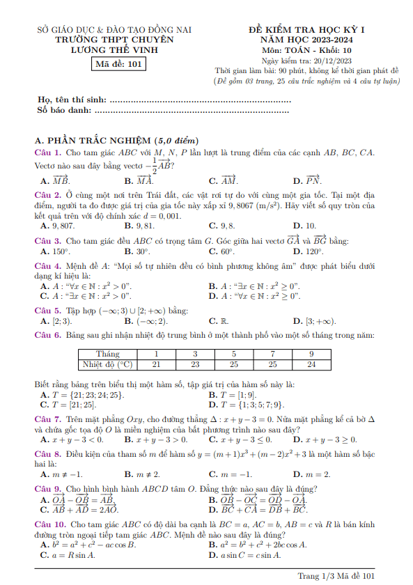 Đề cuối kì 1 Toán 10 năm 2023 – 2024 trường chuyên Lương Thế Vinh – Đồng Nai