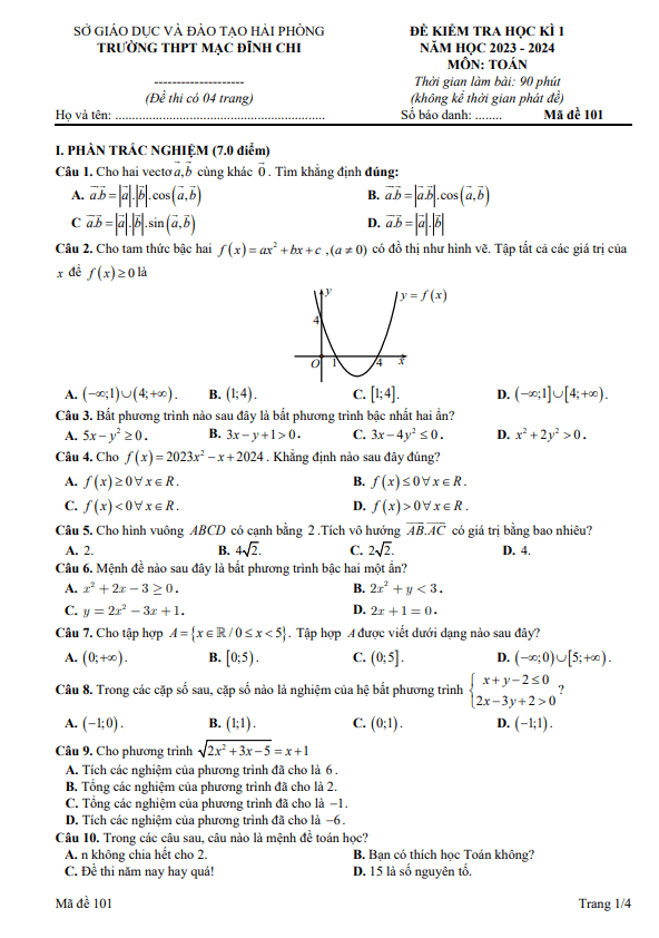 Đề cuối kì 1 Toán 10 năm 2023 – 2024 trường THPT Mạc Đĩnh Chi – Hải Phòng