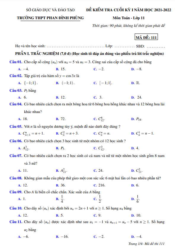 Đề cuối kì 1 Toán 11 năm 2021 – 2022 trường THPT Phan Đình Phùng – Quảng Bình