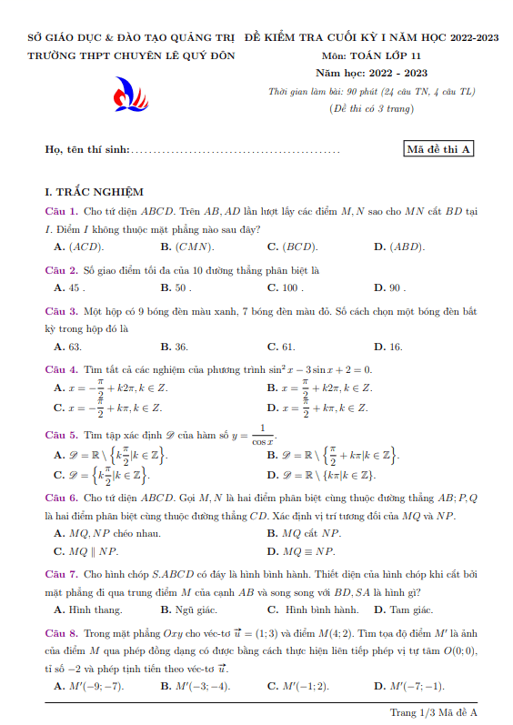 Đề cuối kì 1 Toán 11 năm 2022 – 2023 trường chuyên Lê Quý Đôn – Quảng Trị
