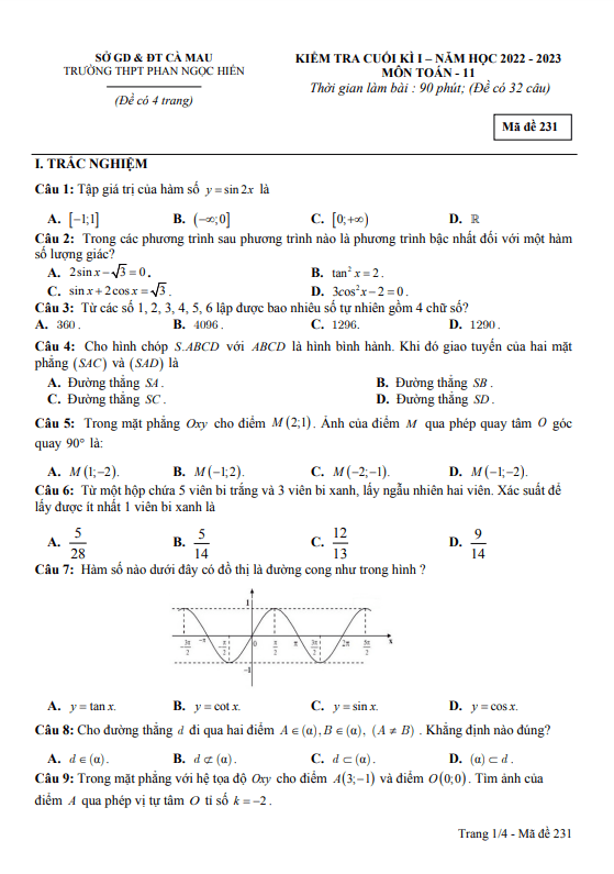 Đề cuối kì 1 Toán 11 năm 2022 – 2023 trường THPT Phan Ngọc Hiển – Cà Mau