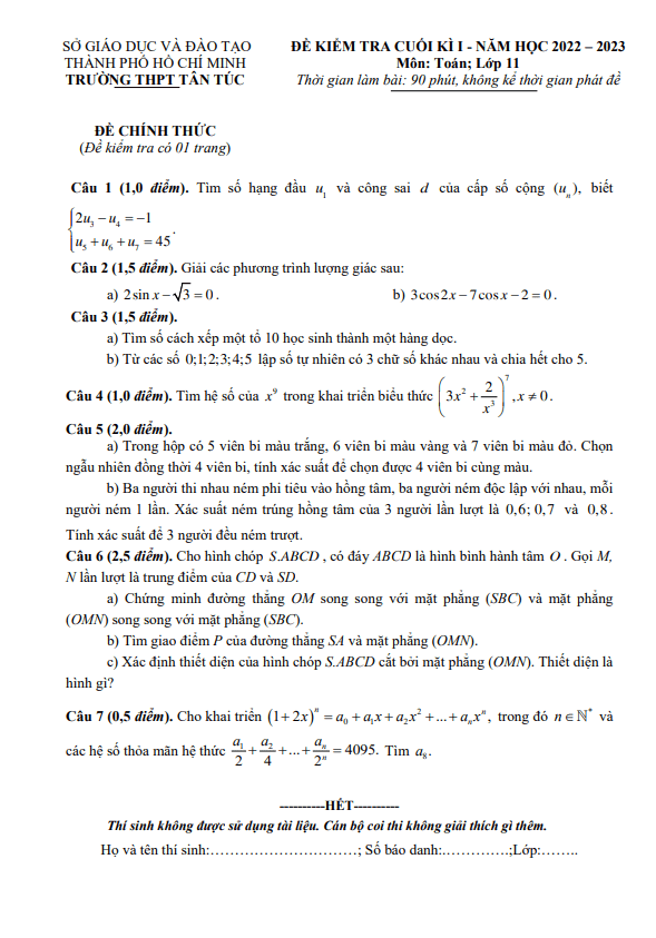 Đề cuối kì 1 Toán 11 năm 2022 – 2023 trường THPT Tân Túc – TP HCM