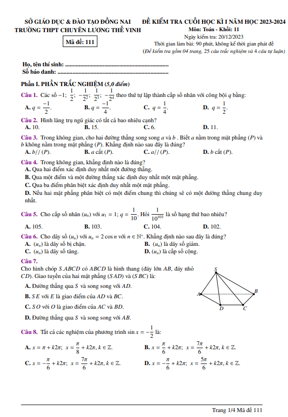 Đề cuối kì 1 Toán 11 năm 2023 – 2024 trường chuyên Lương Thế Vinh – Đồng Nai
