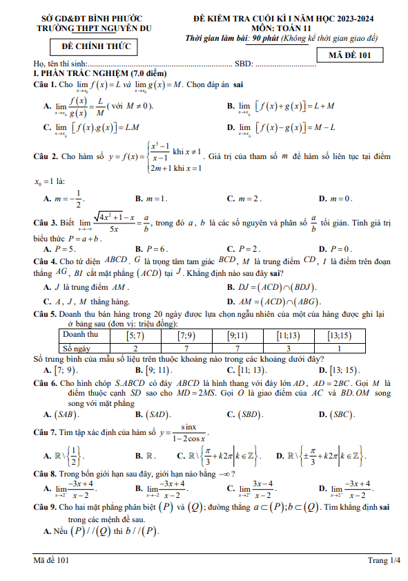 Đề cuối kì 1 Toán 11 năm 2023 – 2024 trường THPT Nguyễn Du – Bình Phước
