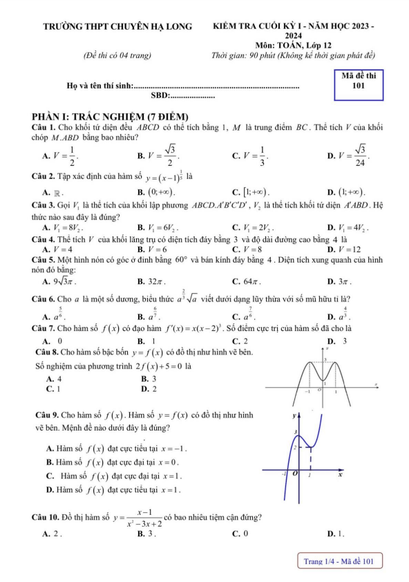 Đề cuối kì 1 Toán 12 năm 2023 – 2024 trường THPT chuyên Hạ Long – Quảng Ninh