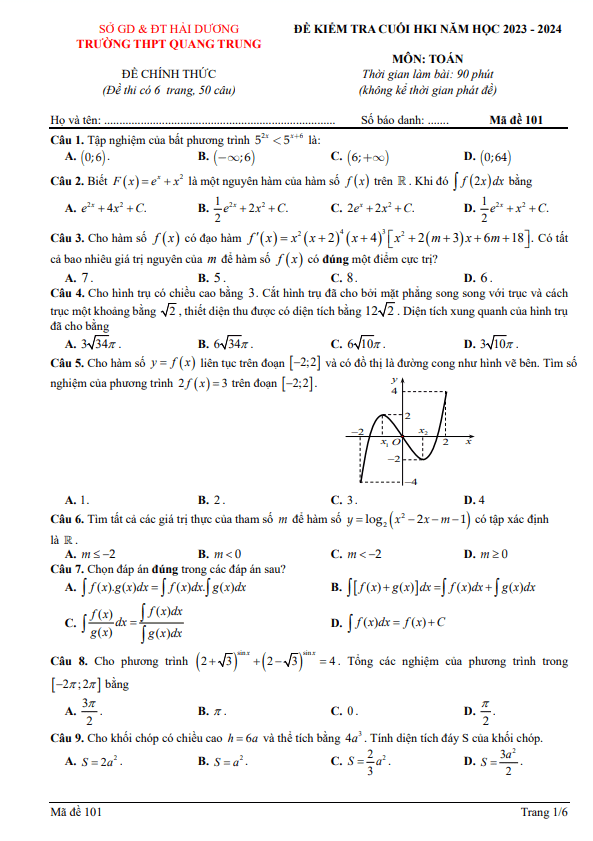 Đề cuối kì 1 Toán 12 năm 2023 – 2024 trường THPT Quang Trung – Hải Dương
