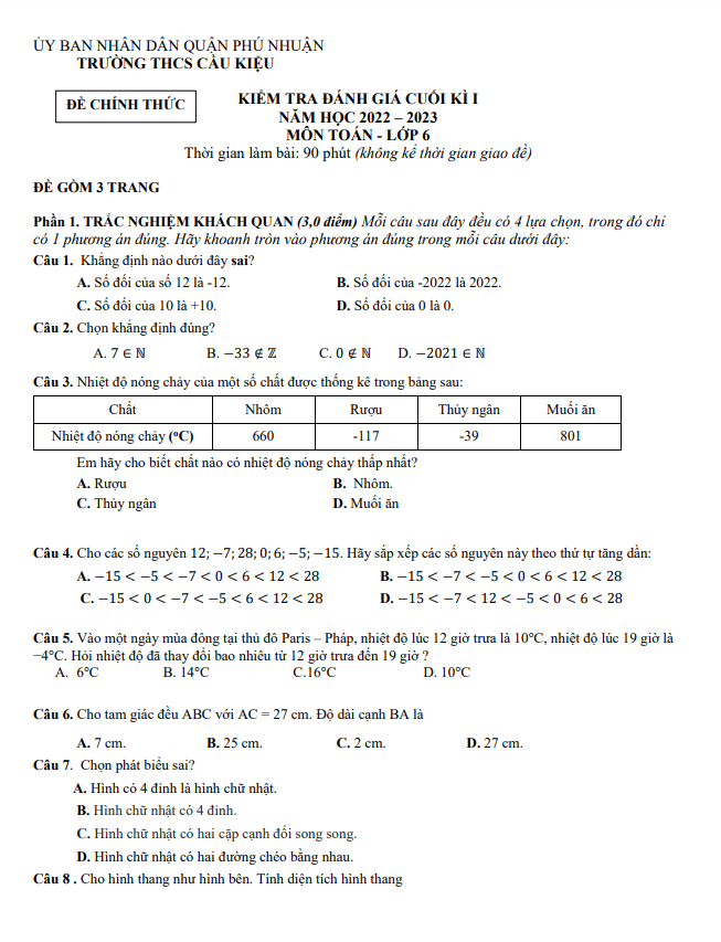 Đề cuối kì 1 Toán 6 năm 2022 – 2023 trường THCS Cầu Kiệu – TP HCM